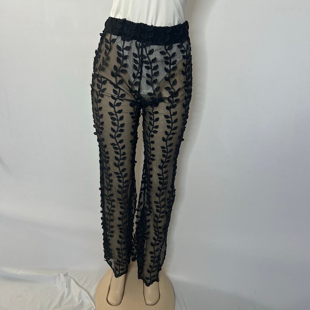 Unbranded Black Sheer Embroidered Mesh Cover-Up Pants XL High Waist Side Zip
